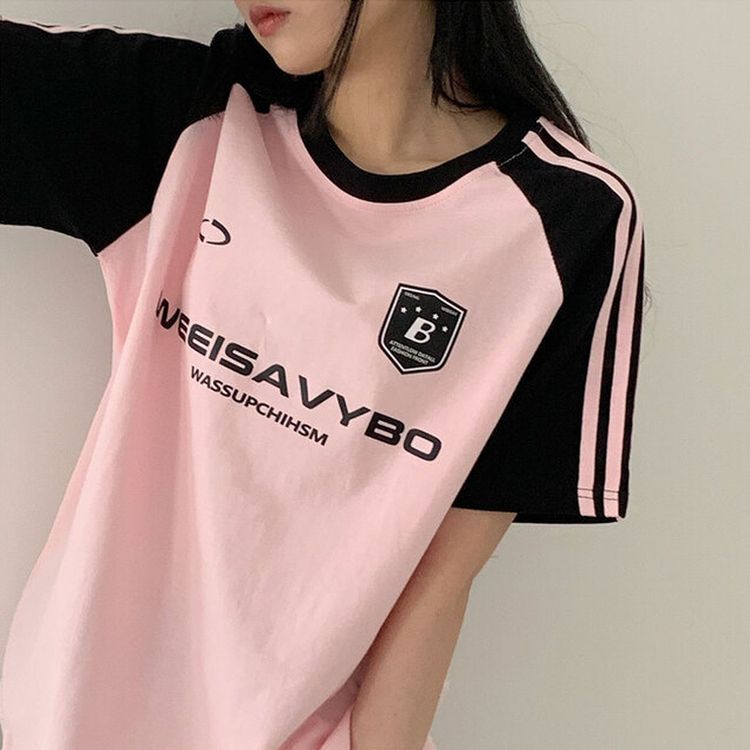 ルーズフィットラグラン配色トラック半袖Tシャツ PINK