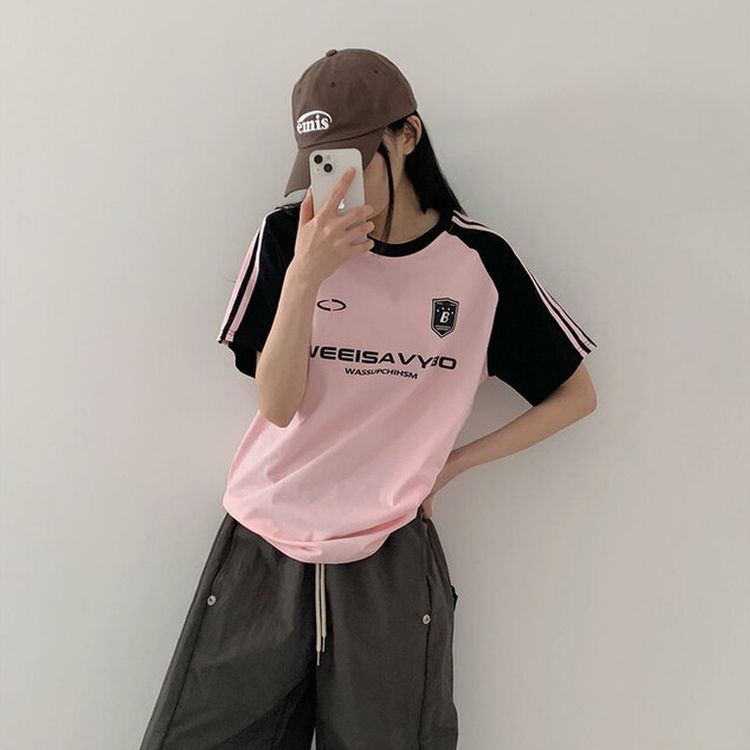ルーズフィットラグラン配色トラック半袖Tシャツ PINK