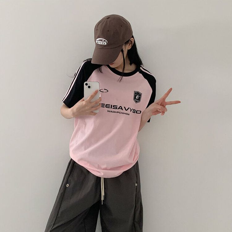 ルーズフィットラグラン配色トラック半袖Tシャツ PINK