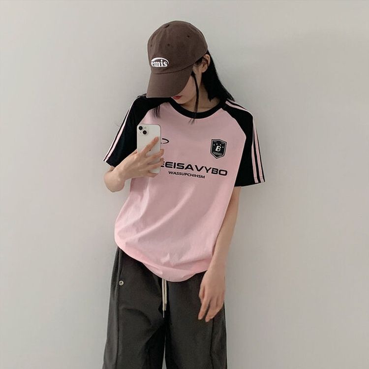 ルーズフィットラグラン配色トラック半袖Tシャツ PINK