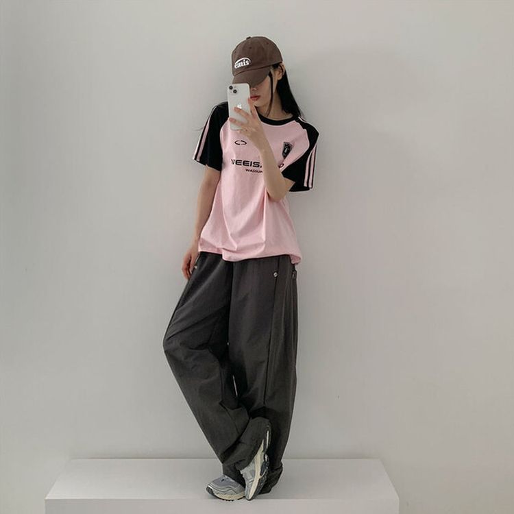 ルーズフィットラグラン配色トラック半袖Tシャツ PINK
