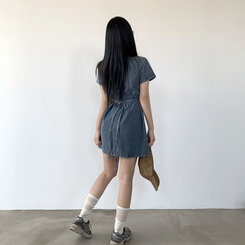 [허리끈!핏보장]숏/롱기장 데님 단추 카라 미니원피스 2color 라이트블루