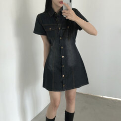 [허리끈!핏보장]숏/롱기장 데님 단추 카라 미니원피스 2color 차콜
