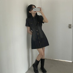 [허리끈!핏보장]숏/롱기장 데님 단추 카라 미니원피스 2color 차콜
