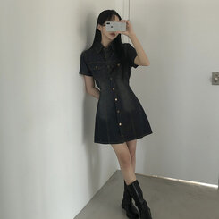 [허리끈!핏보장]숏/롱기장 데님 단추 카라 미니원피스 2color 차콜