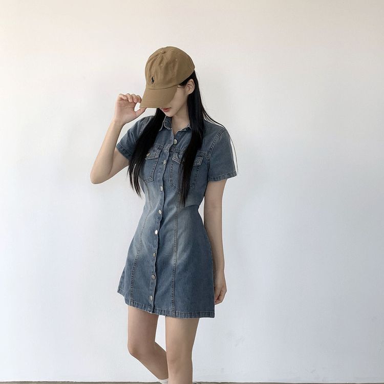 [허리끈!핏보장]숏/롱기장 데님 단추 카라 미니원피스 2color 라이트블루