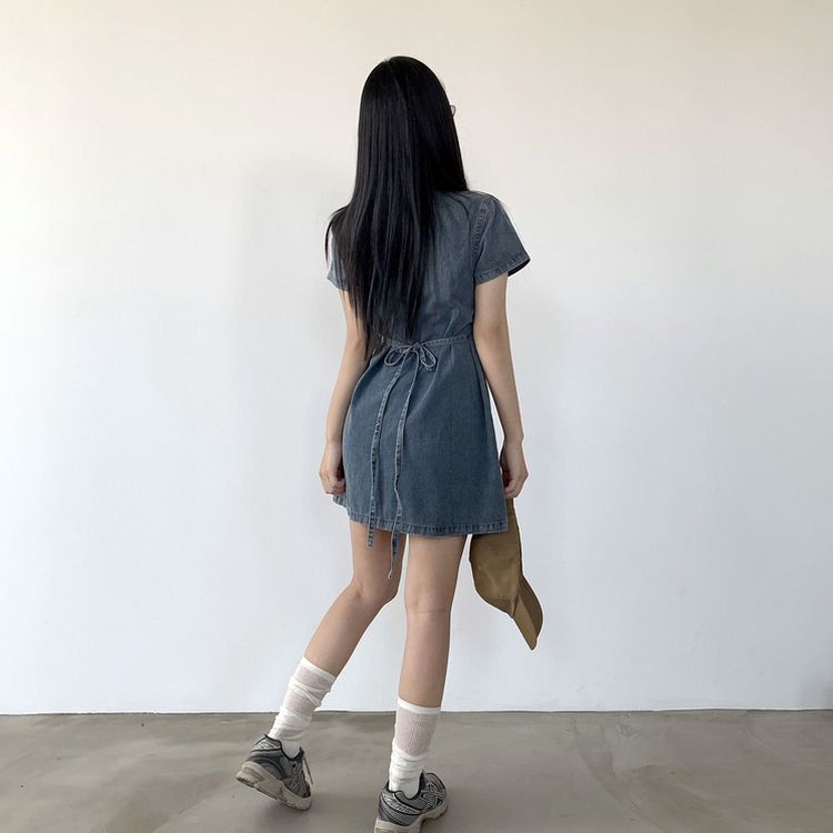[허리끈!핏보장]숏/롱기장 데님 단추 카라 미니원피스 2color 라이트블루
