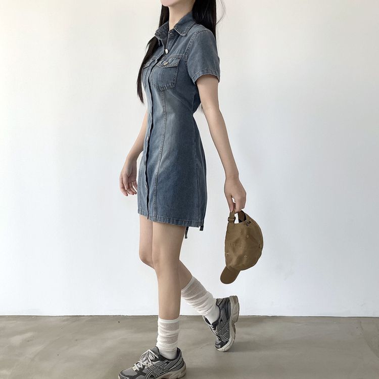 [허리끈!핏보장]숏/롱기장 데님 단추 카라 미니원피스 2color 라이트블루
