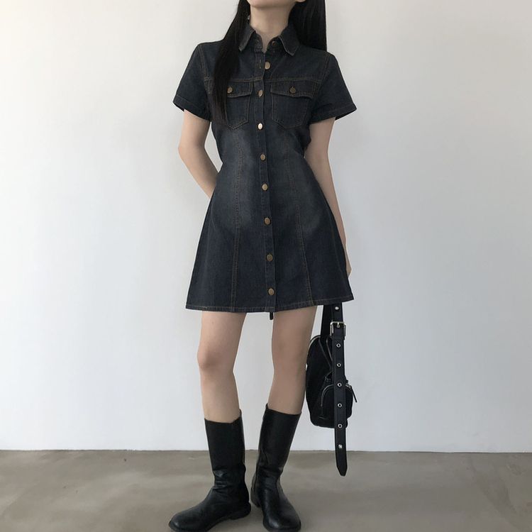[허리끈!핏보장]숏/롱기장 데님 단추 카라 미니원피스 2color 차콜