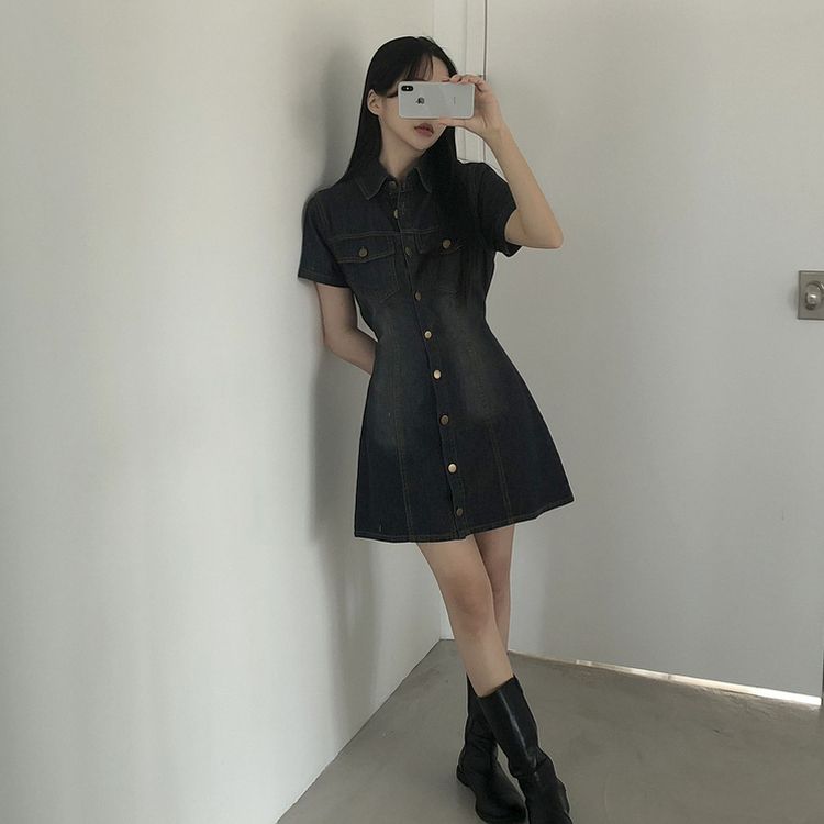 [허리끈!핏보장]숏/롱기장 데님 단추 카라 미니원피스 2color 차콜