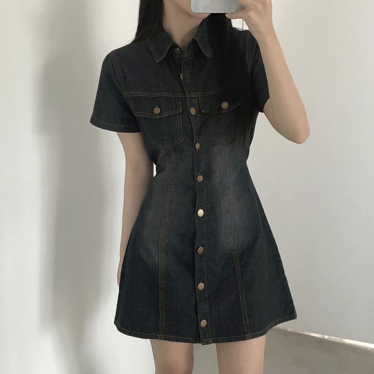[허리끈!핏보장]숏/롱기장 데님 단추 카라 미니원피스 2color 차콜