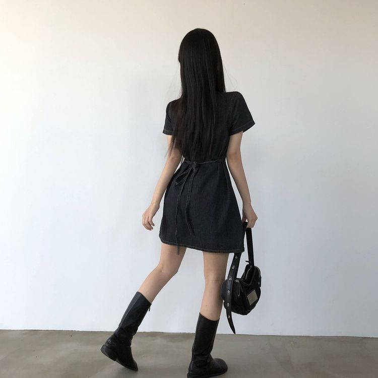 [허리끈!핏보장]숏/롱기장 데님 단추 카라 미니원피스 2color 차콜