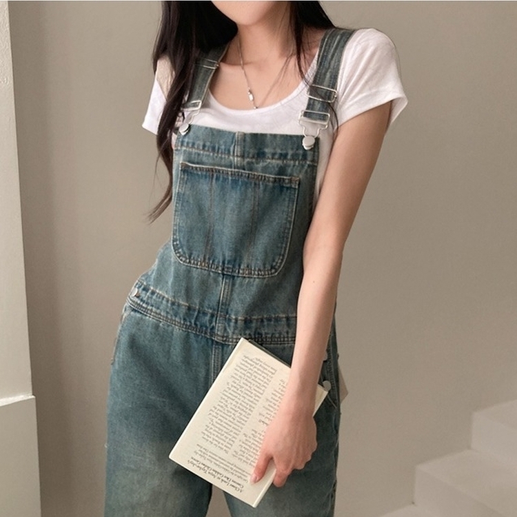 델로 워싱 와이드 오버롤 데님 멜빵 팬츠 빈티지중청