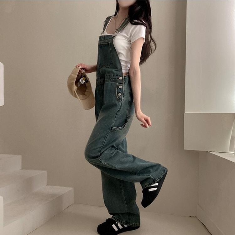 델로 워싱 와이드 오버롤 데님 멜빵 팬츠 빈티지중청