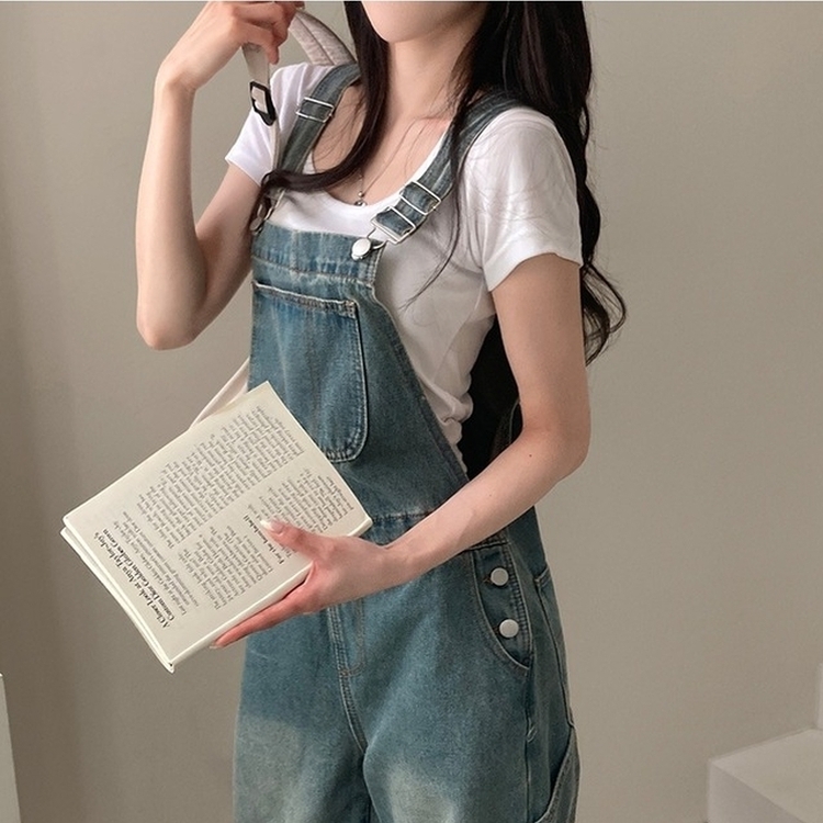 델로 워싱 와이드 오버롤 데님 멜빵 팬츠 빈티지중청