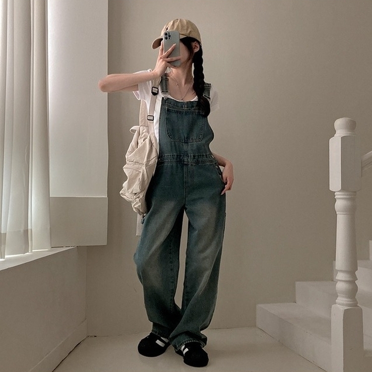 델로 워싱 와이드 오버롤 데님 멜빵 팬츠 빈티지중청