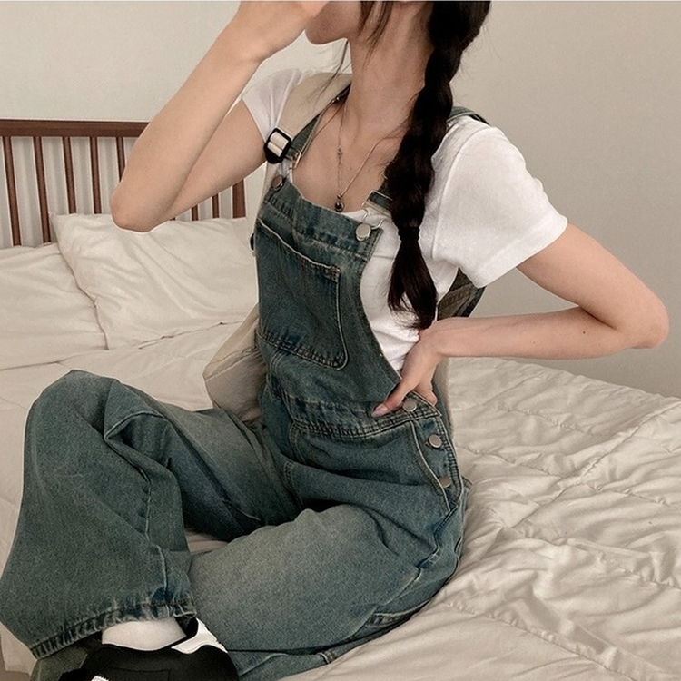 델로 워싱 와이드 오버롤 데님 멜빵 팬츠 빈티지중청