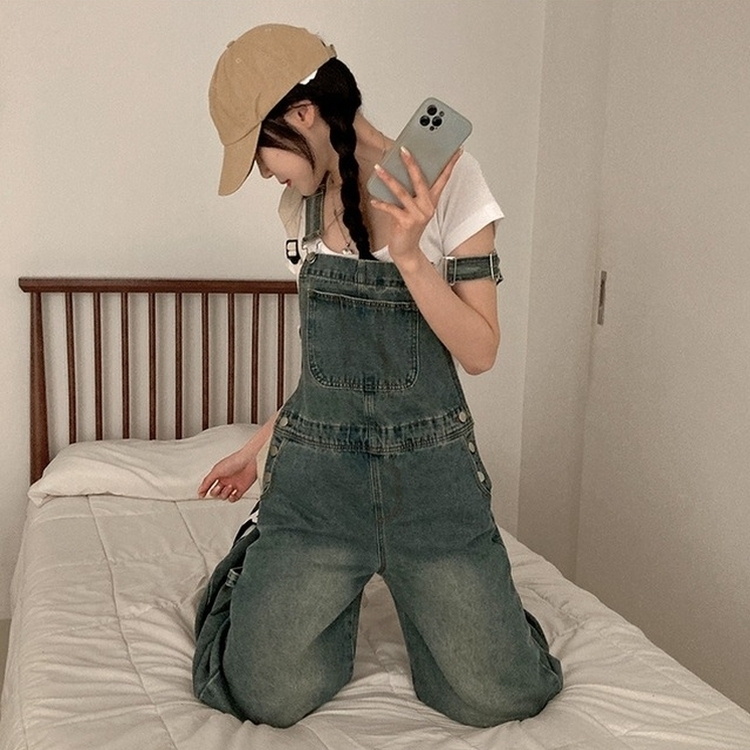 델로 워싱 와이드 오버롤 데님 멜빵 팬츠 빈티지중청