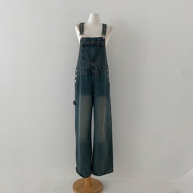 델로 워싱 와이드 오버롤 데님 멜빵 팬츠