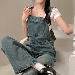델로 워싱 와이드 오버롤 데님 멜빵 팬츠 빈티지중청