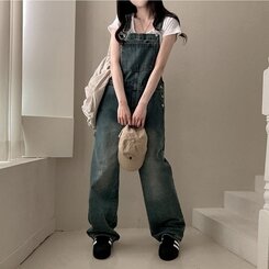 델로 워싱 와이드 오버롤 데님 멜빵 팬츠 빈티지중청