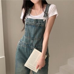 델로 워싱 와이드 오버롤 데님 멜빵 팬츠 빈티지중청