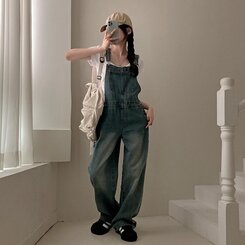 델로 워싱 와이드 오버롤 데님 멜빵 팬츠 빈티지중청