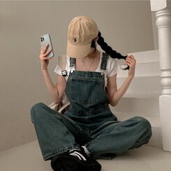 델로 워싱 와이드 오버롤 데님 멜빵 팬츠 빈티지중청