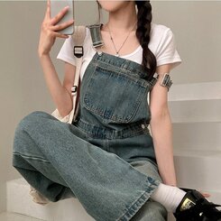 델로 워싱 와이드 오버롤 데님 멜빵 팬츠 빈티지중청