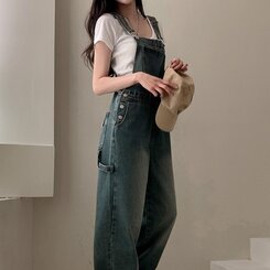 델로 워싱 와이드 오버롤 데님 멜빵 팬츠 빈티지중청