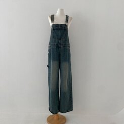 델로 워싱 와이드 오버롤 데님 멜빵 팬츠
