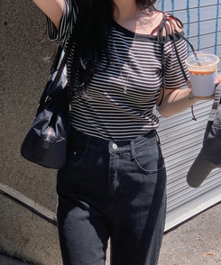 半袖Tシャツ ナチュラルストライプオフショルダー半袖Tシャツ IVORY
