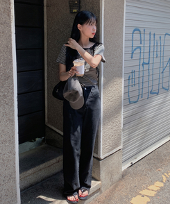 半袖Tシャツ ナチュラルストライプオフショルダー半袖Tシャツ IVORY