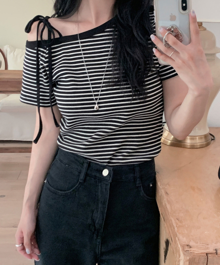 ナチュラルストライプオフショルダー半袖Tシャツ IVORY