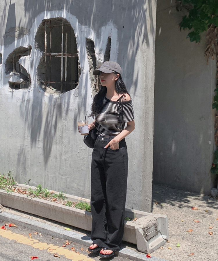 ナチュラルストライプオフショルダー半袖Tシャツ IVORY