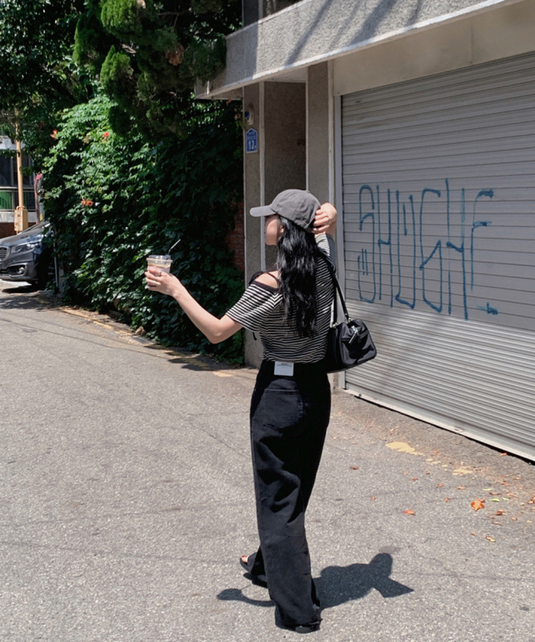 ナチュラルストライプオフショルダー半袖Tシャツ IVORY