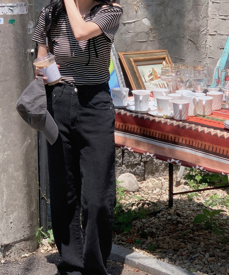 ナチュラルストライプオフショルダー半袖Tシャツ IVORY