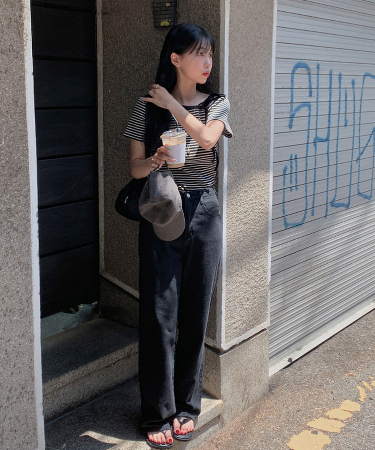 ナチュラルストライプオフショルダー半袖Tシャツ IVORY