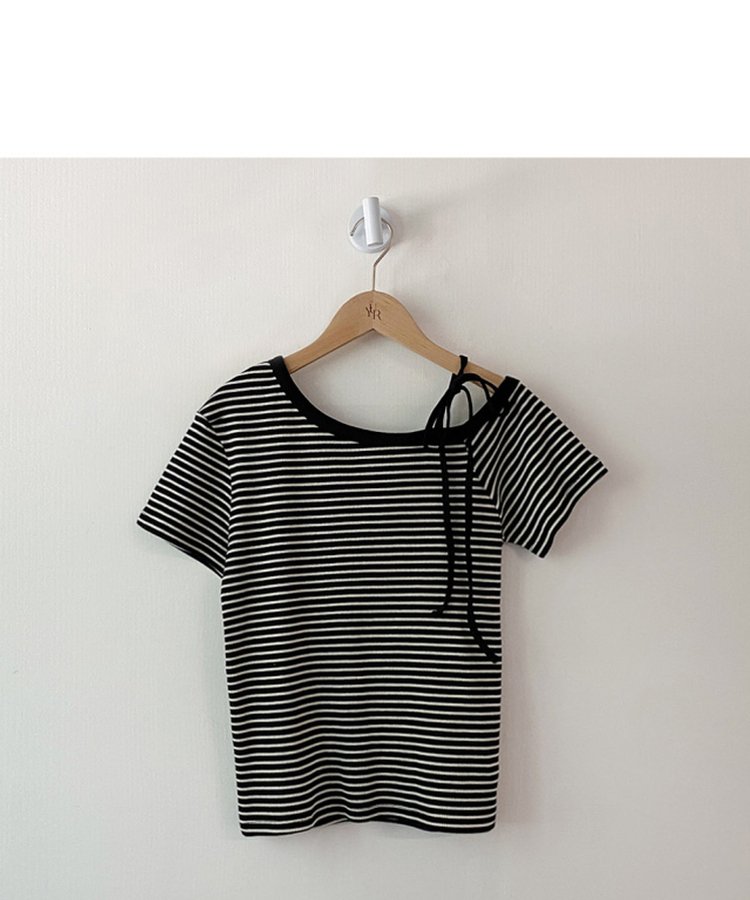 ナチュラルストライプオフショルダー半袖Tシャツ