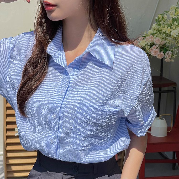 デイリーストライプ半袖シャツ SKY BLUE