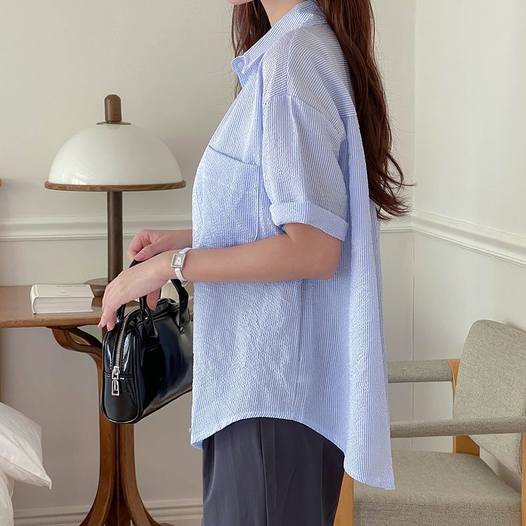 デイリーストライプ半袖シャツ SKY BLUE