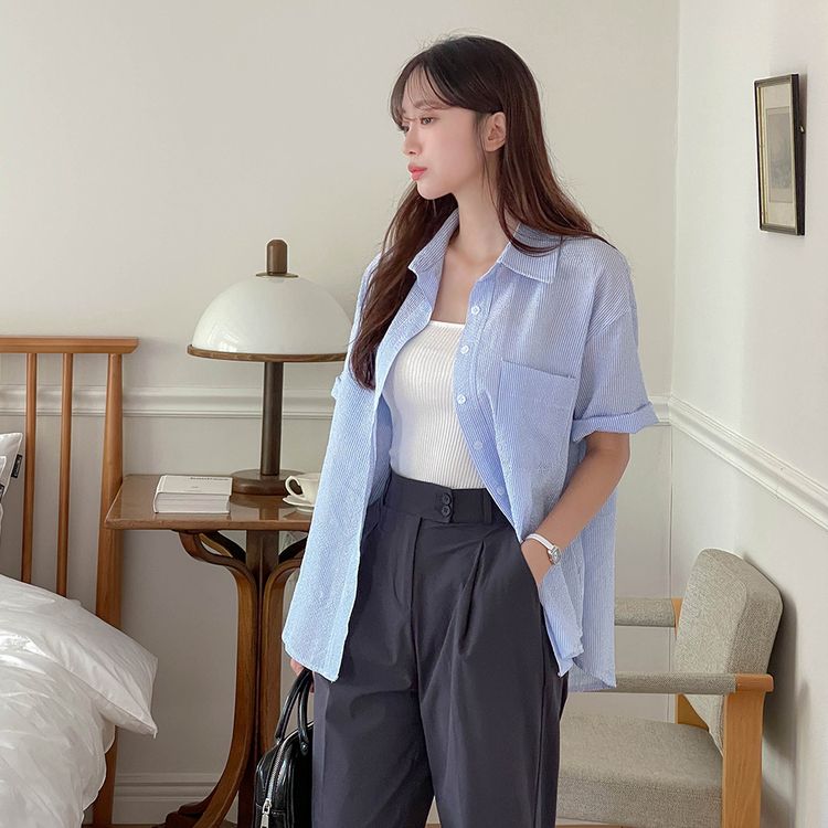 デイリーストライプ半袖シャツ SKY BLUE