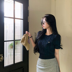 ニット ベーシックラウンドネックケーブル半袖ニット5色 NAVY