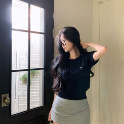 ニット ベーシックラウンドネックケーブル半袖ニット5色 NAVY