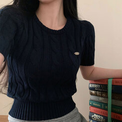 ニット ベーシックラウンドネックケーブル半袖ニット5色 NAVY