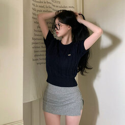 ニット ベーシックラウンドネックケーブル半袖ニット5色 NAVY
