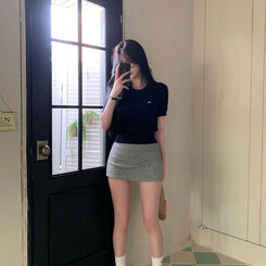 ニット ベーシックラウンドネックケーブル半袖ニット5色 NAVY