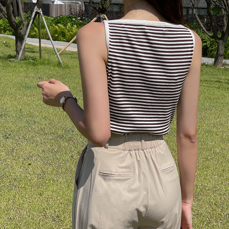 (6컬러) 겨드랑이 군살커버! 보트넥 스트라이프 나시 블랙