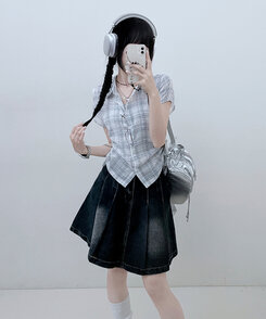 シャツ サイドシャーリングチェッククロップ半袖シャツ IVORY