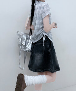シャツ サイドシャーリングチェッククロップ半袖シャツ IVORY